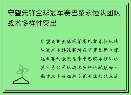 守望先锋全球冠军赛巴黎永恒队团队战术多样性突出