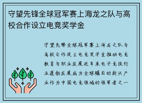 守望先锋全球冠军赛上海龙之队与高校合作设立电竞奖学金